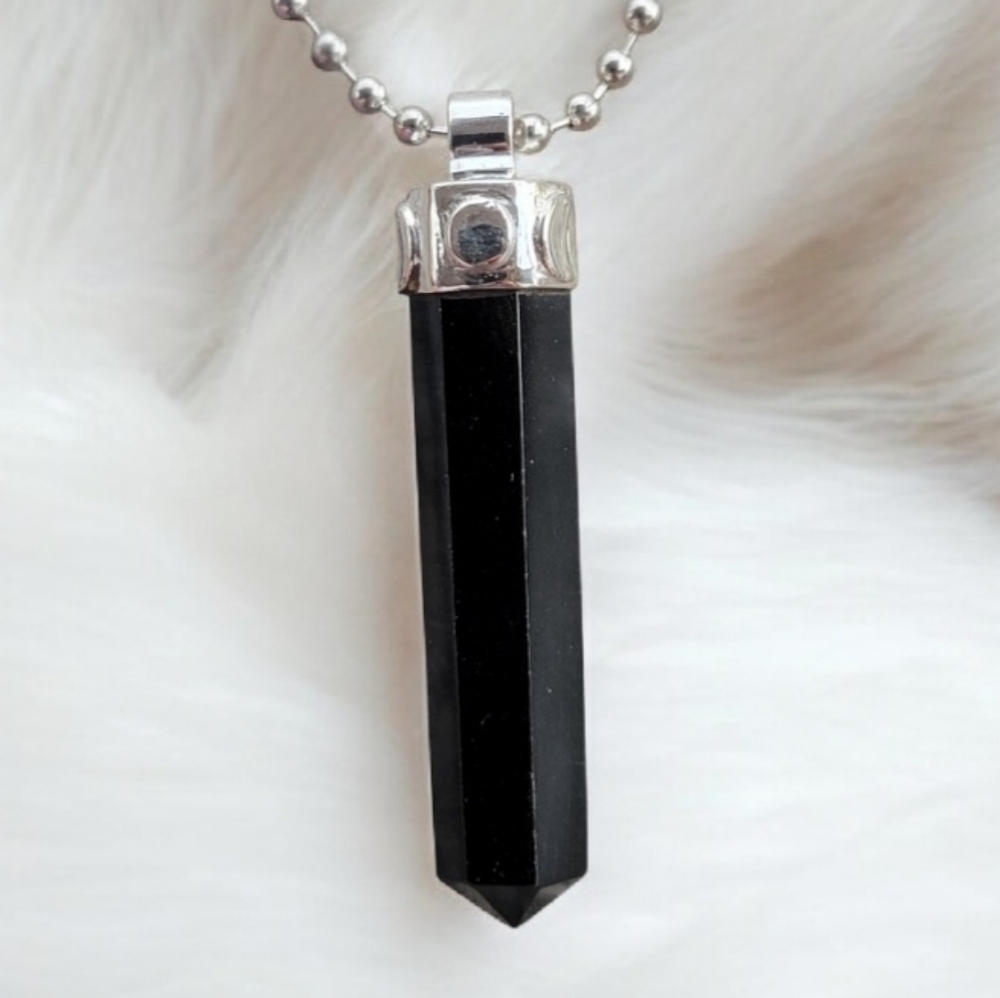 Black Obsidian Triple Moon Pendant Necklace - 925 Sterling Silver